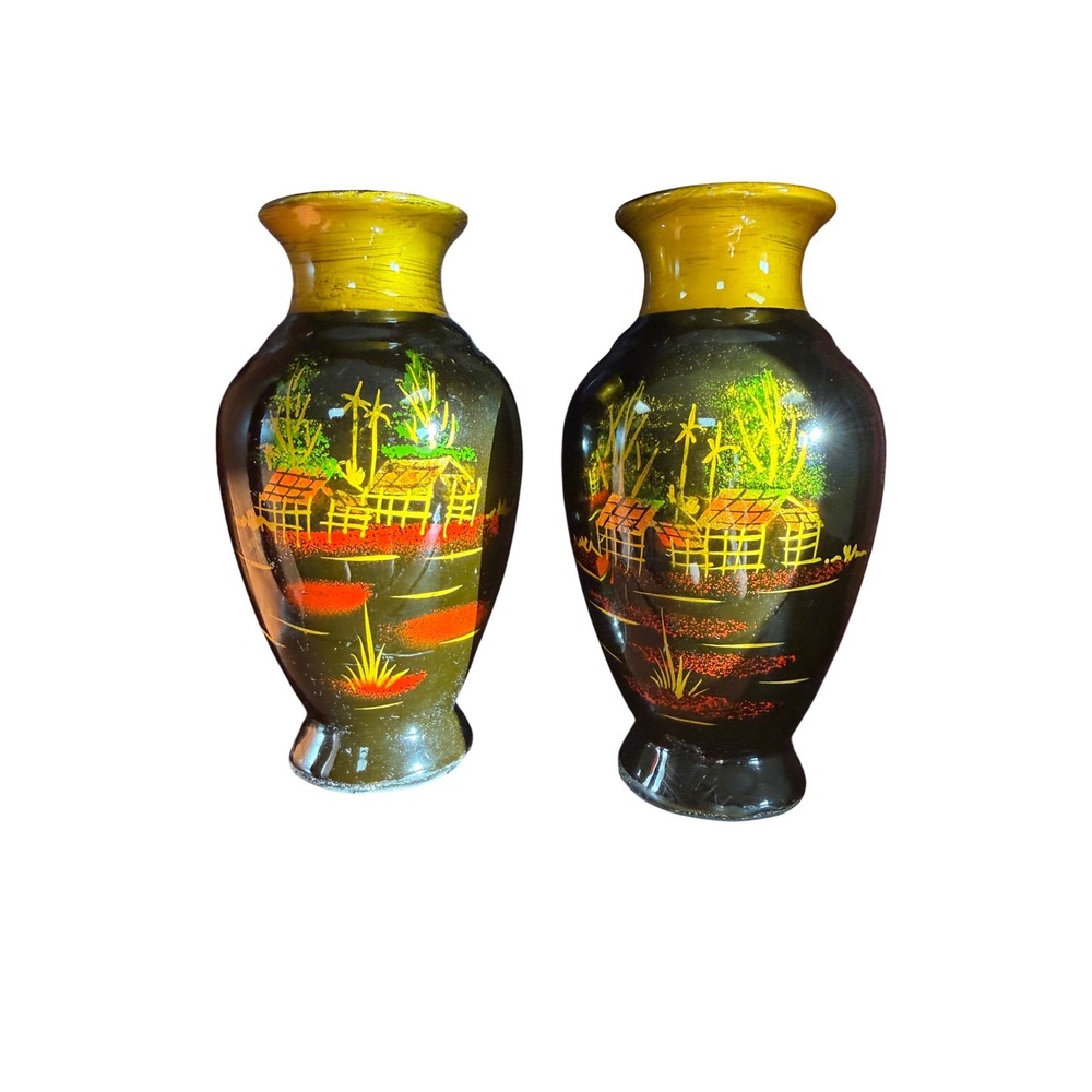 Vintage Hand Painted Lacquer Vases Pair Tropical Village Bamboo Black Yellow 2pc